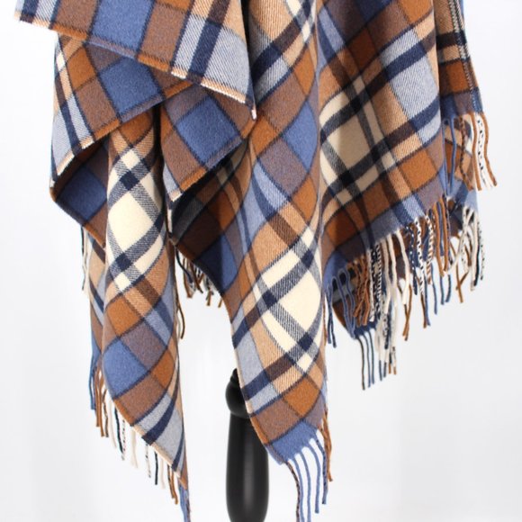 Doen Ember Wrap Saint Moritz Plaid Blue Tan Wool Cashmere Fringe Trim Small - Picture 5 of 7